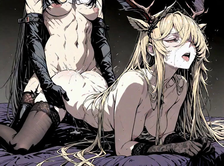 lesbian futanari doggystyle sex, thrusting into her from behind with vigor, her whole body is pushed back and forth with