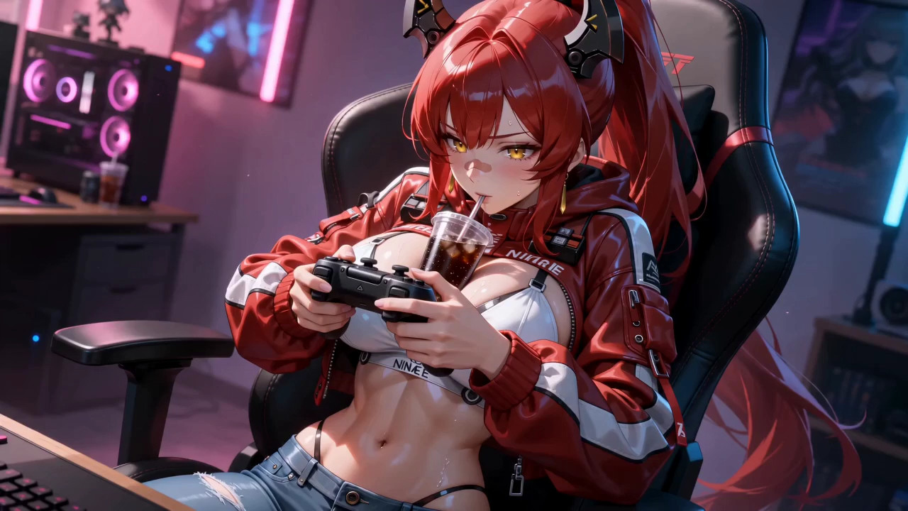 An intense scene showing a character playing a computer game. A female character sits on a gaming chair and is engaged i